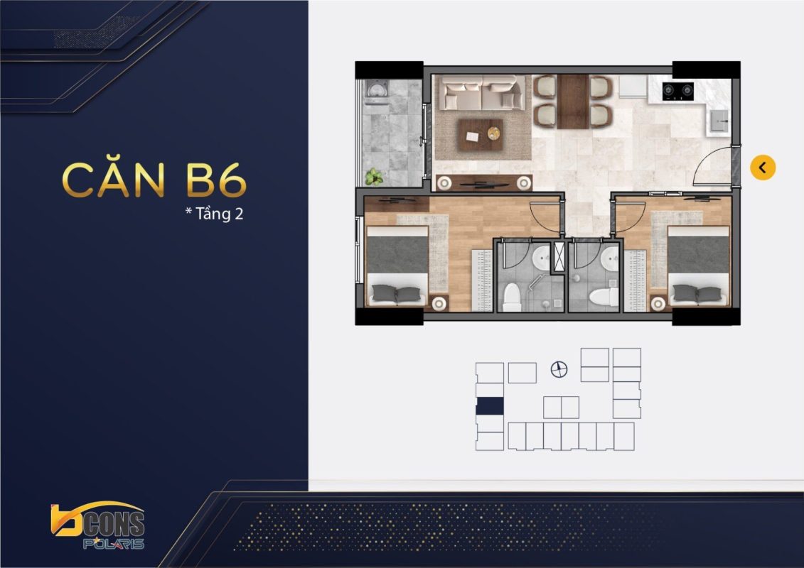 thiết kế căn hộ mặt bằng chung cư BCONS POLARIS 1 - 2 - 3 Phòng ngủ mẫu B6