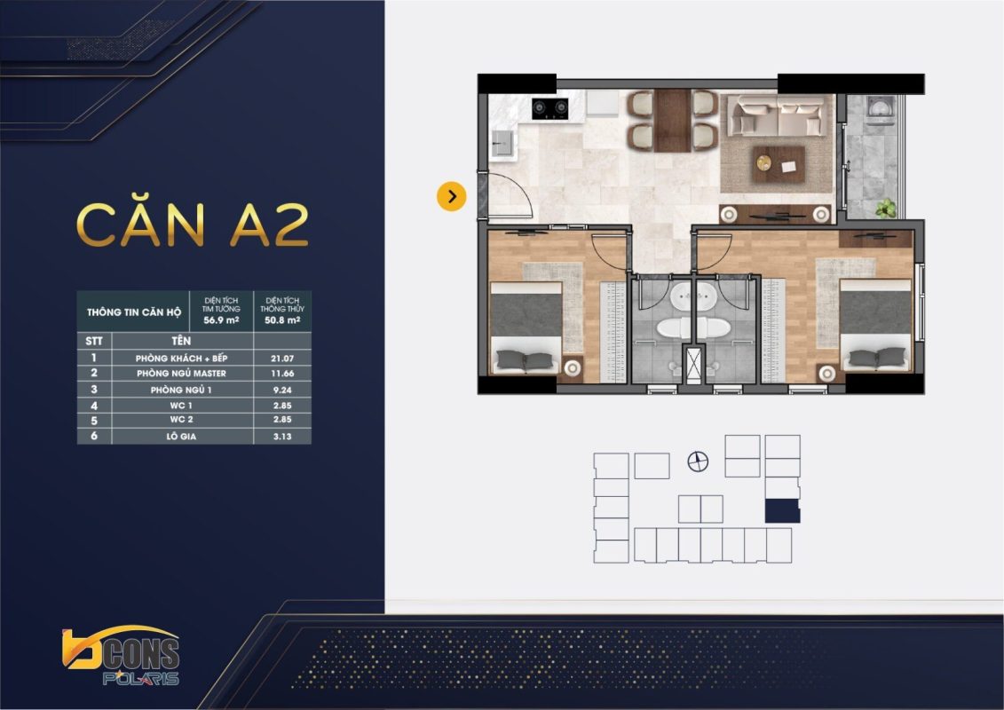thiết kế căn hộ mặt bằng chung cư BCONS POLARIS 1 - 2 - 3 Phòng ngủ mẫu A2