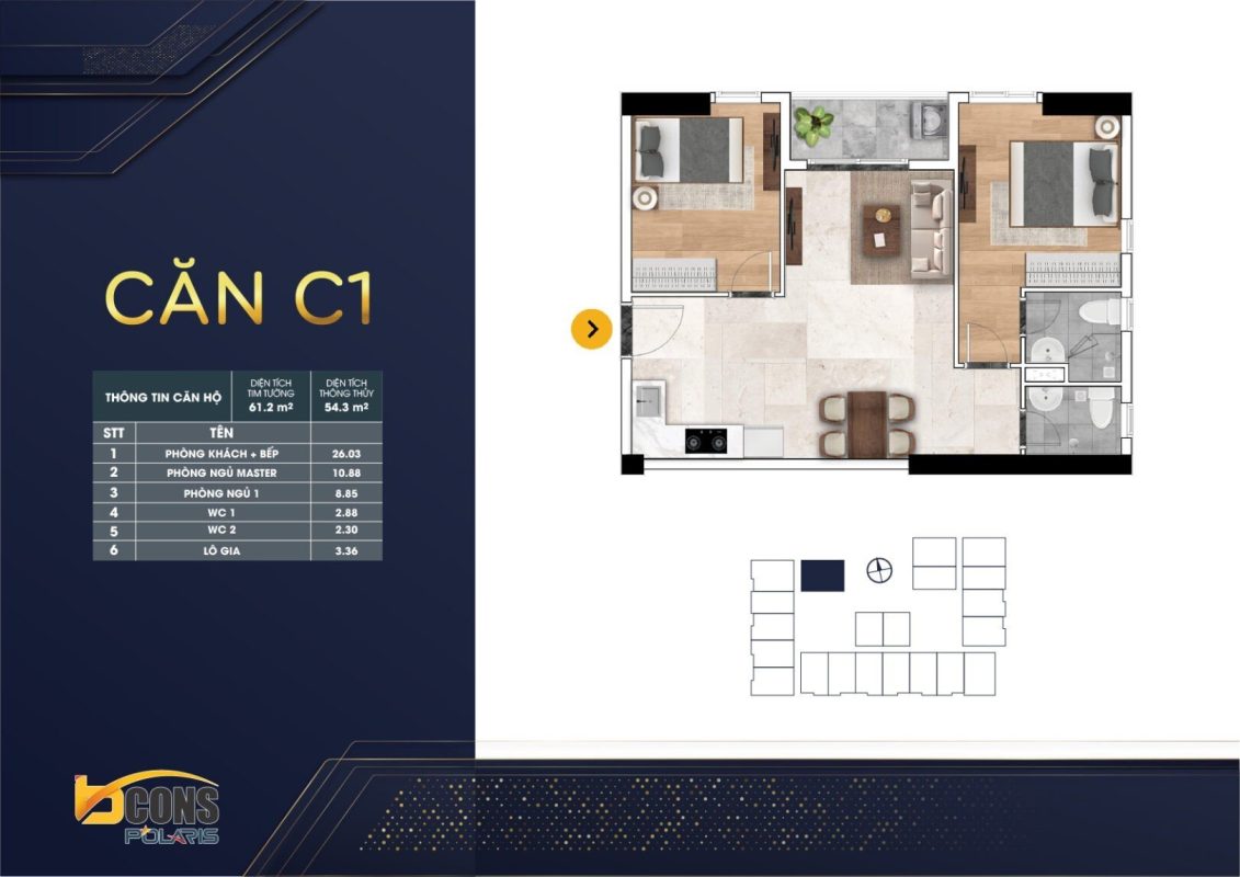 thiết kế căn hộ mặt bằng chung cư BCONS POLARIS 1 - 2 - 3 Phòng ngủ mẫu c1