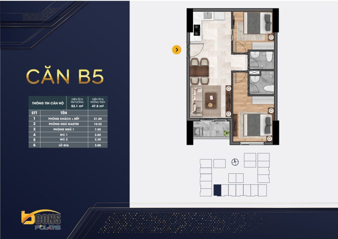 thiết kế căn hộ mặt bằng chung cư BCONS POLARIS 1 - 2 - 3 Phòng ngủ mẫu B5