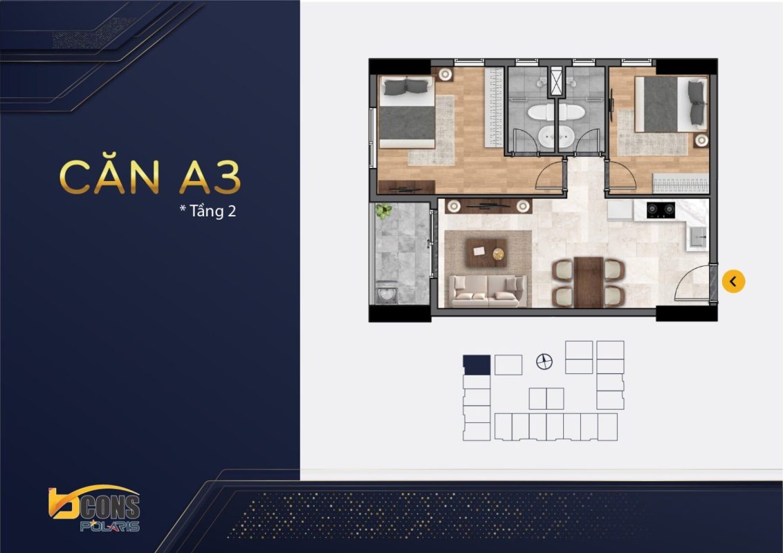 thiết kế căn hộ mặt bằng chung cư BCONS POLARIS 1 - 2 - 3 Phòng ngủ mẫu A3