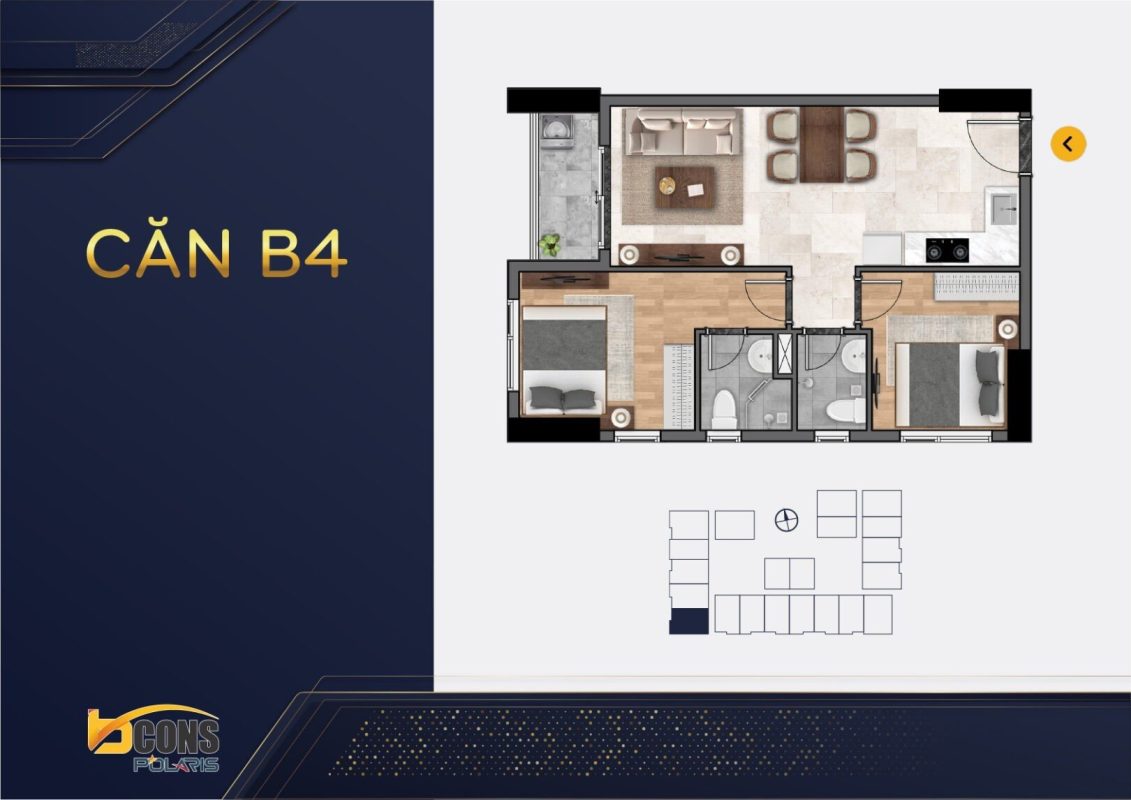 thiết kế căn hộ mặt bằng chung cư BCONS POLARIS 1 - 2 - 3 Phòng ngủ mẫu B4