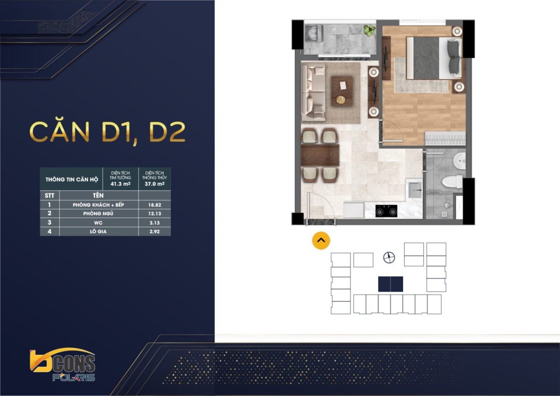 thiết kế căn hộ mặt bằng chung cư BCONS POLARIS 1 - 2 - 3 Phòng ngủ mẫu d1,2