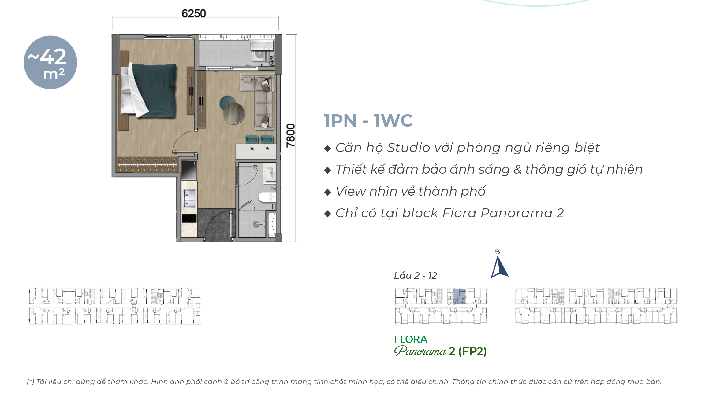 diện tích và thiết kế căn hộ Mizuki Flora Panorama 1PN 1WC 42m2