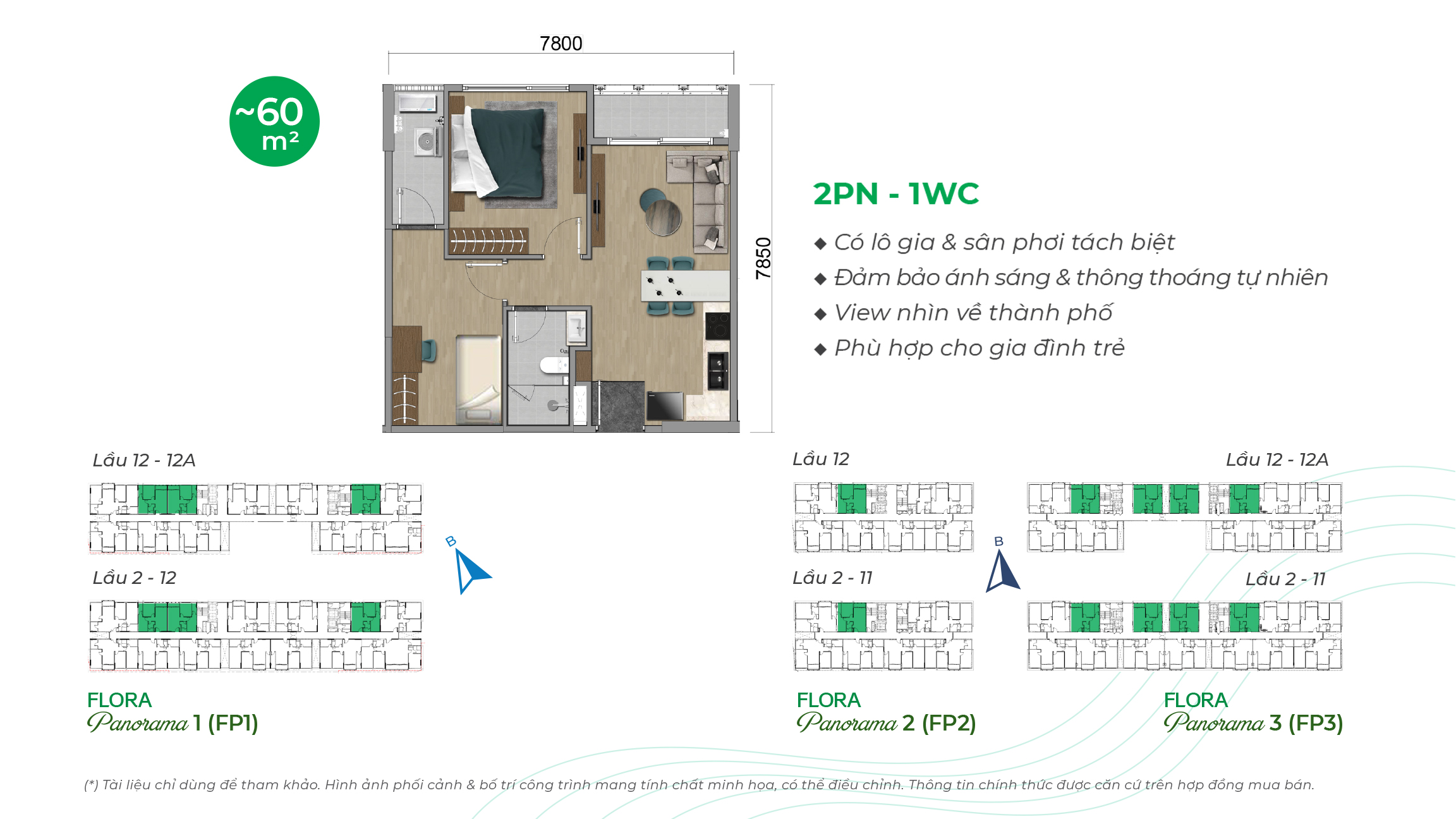 diện tích và thiết kế căn hộ Mizuki Flora Panorama 2PN 2WC 60m2