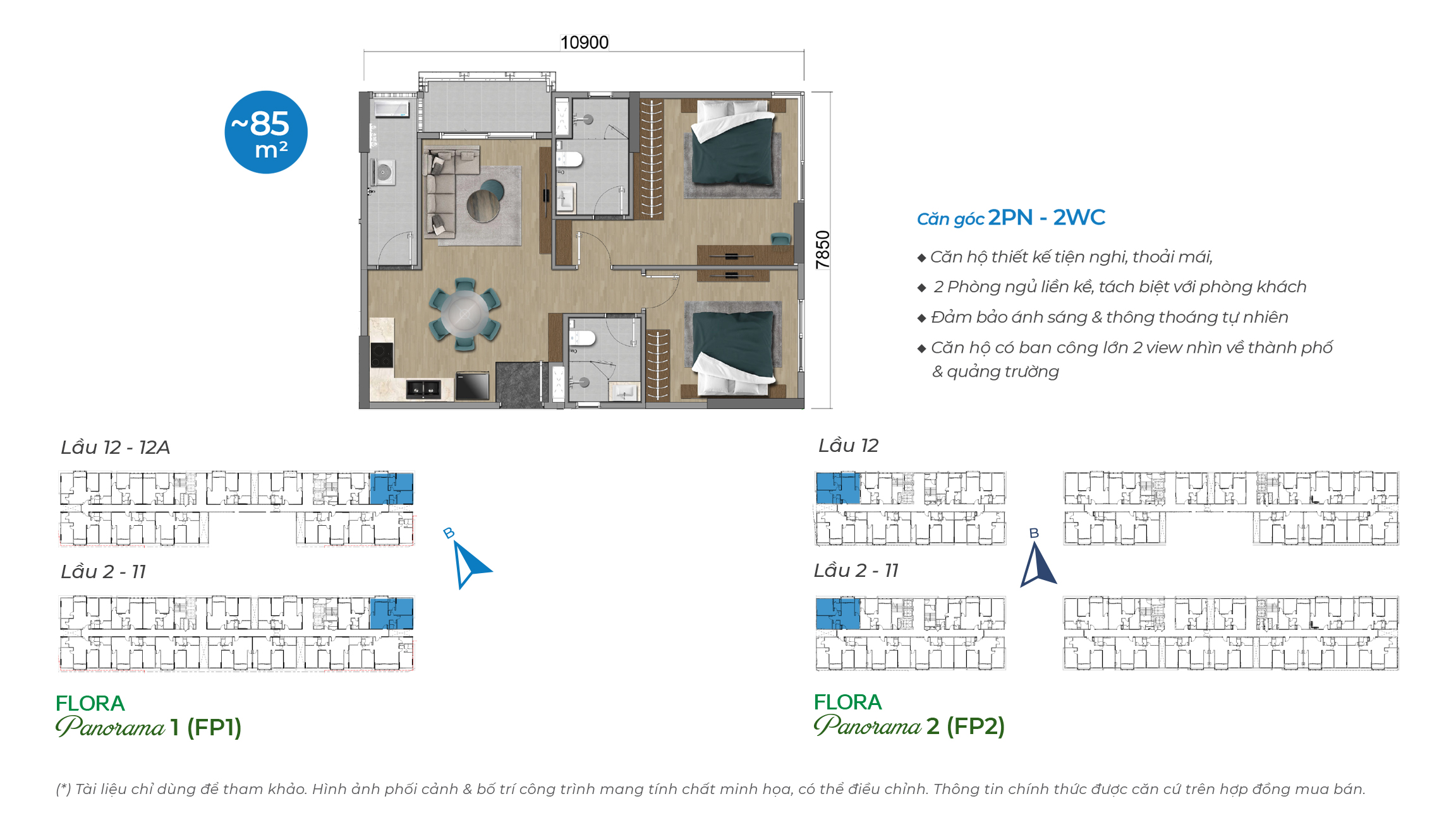 diện tích và thiết kế căn hộ Mizuki Flora Panorama 2PN 2WC góc 85m2