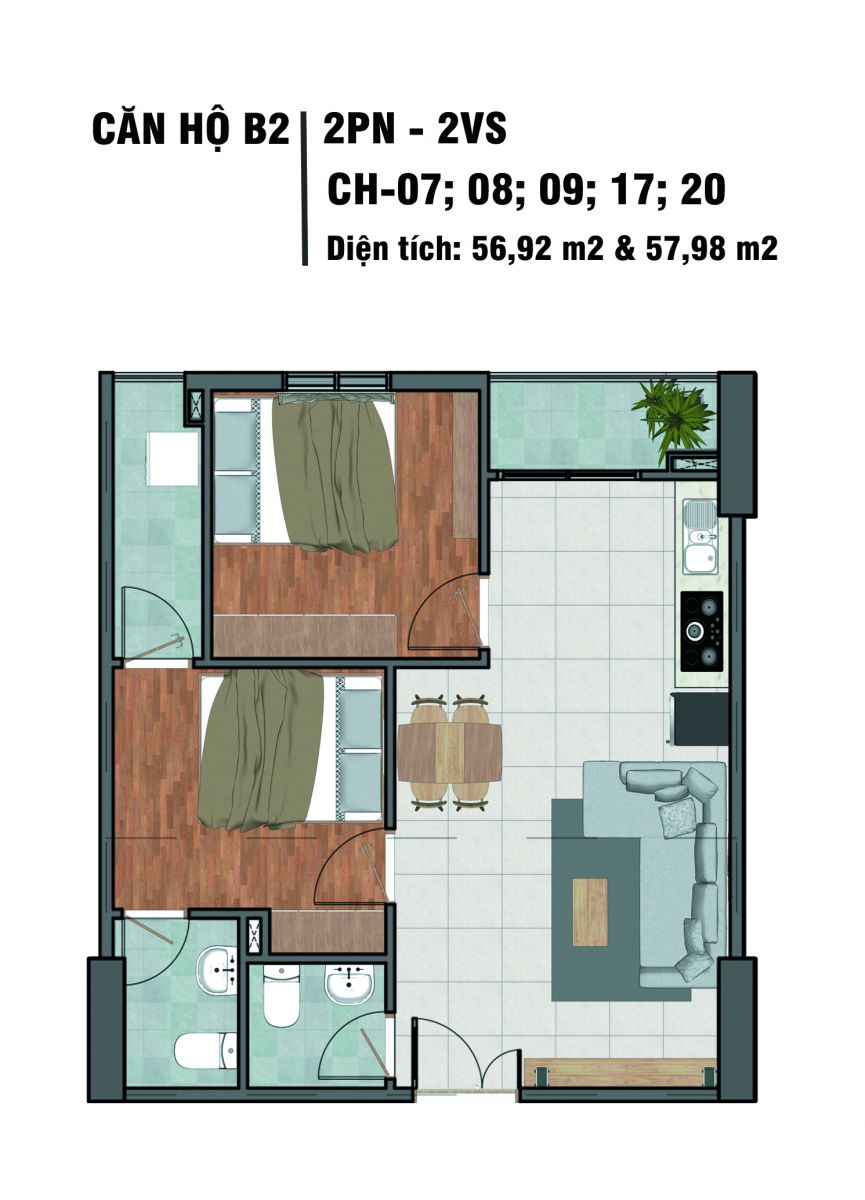 thiết kế mặt bằng căn hộ chung cư Tecco Home Bình Dương CH 07 08 09 17 20 2PN 2WC