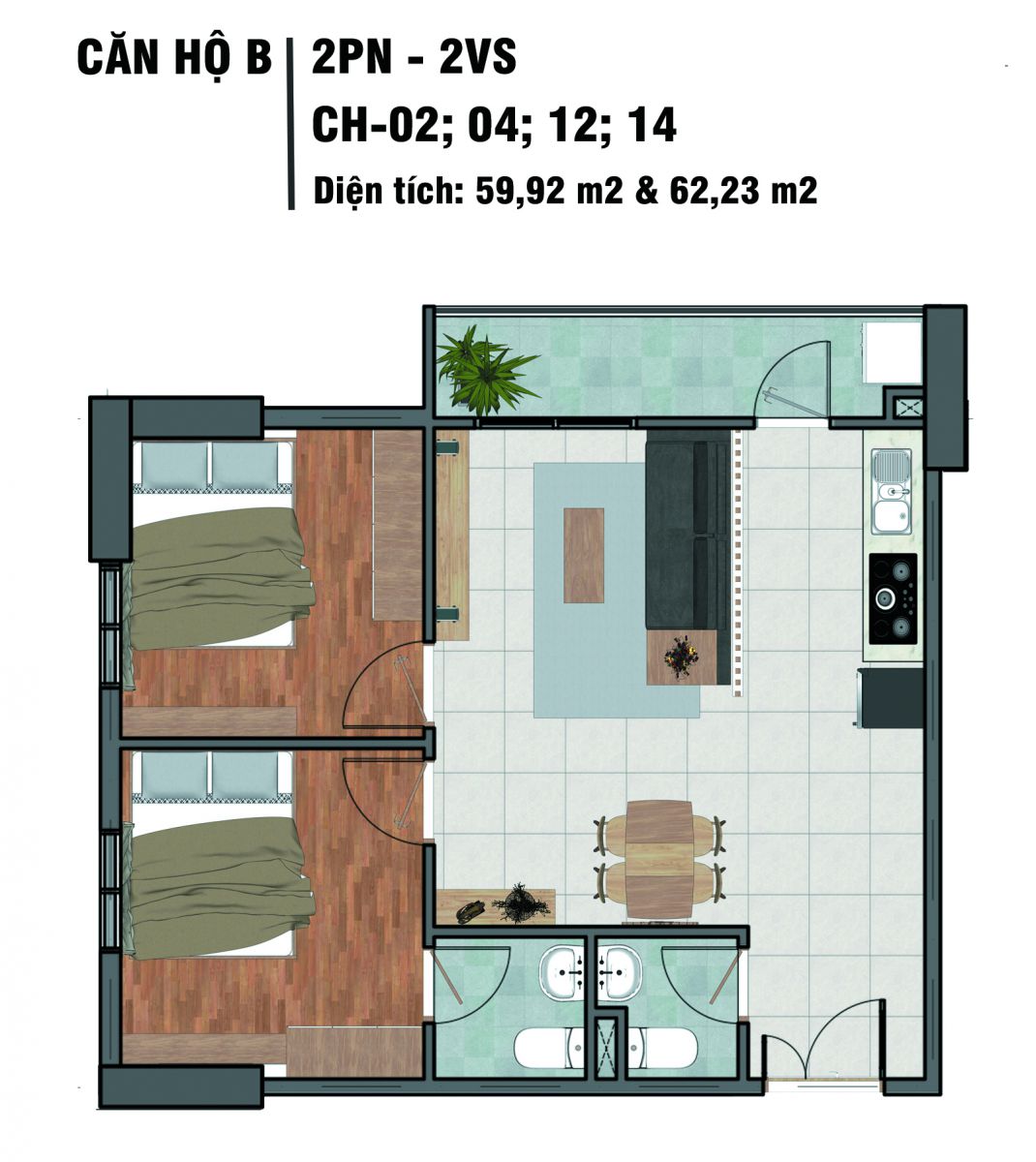 thiết kế mặt bằng căn hộ chung cư Tecco Home Bình Dương CH02 04 12 14 GÓC 2PN 2WC