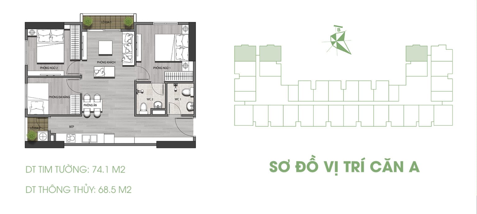 thiết kế mặt bằng căn hộ Ecolife Riverside 74m2 2 phòng ngủ loại A